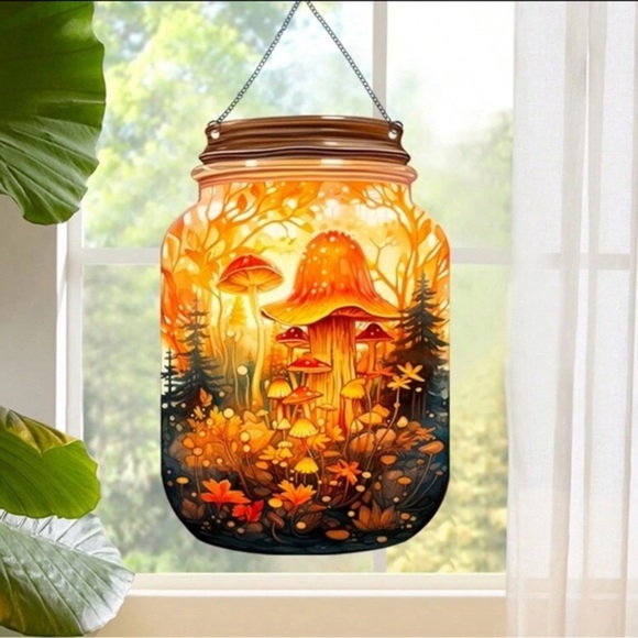 Other - Mushroom Fantasy Painted Acrylic Mason Jar Suncatcher
Hanging Cottage Home Decor